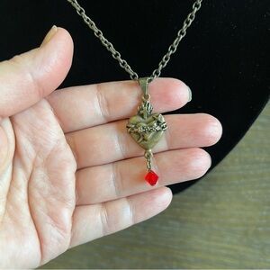 🔴 Heart & Dagger grunge Necklace, metal rusty copper look,crystal blood drop
